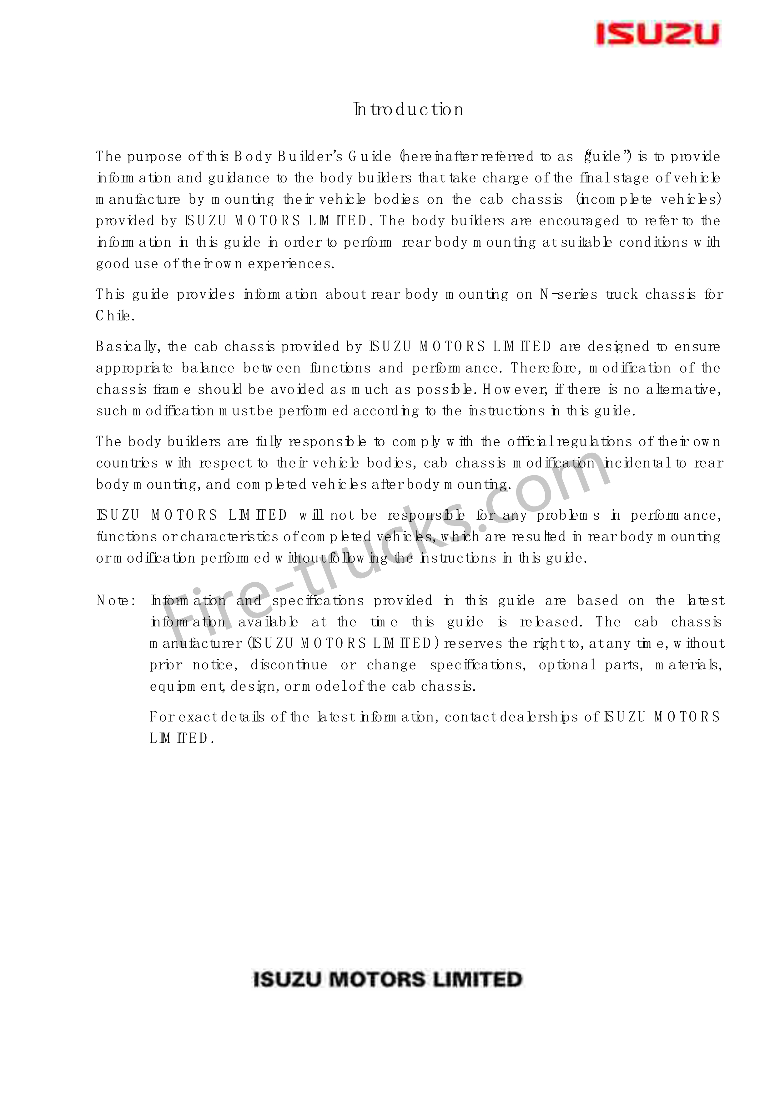 Isuzu chassis Fire Trucks body builders user manual Isuzu chassis Fire Trucks body builders user manual